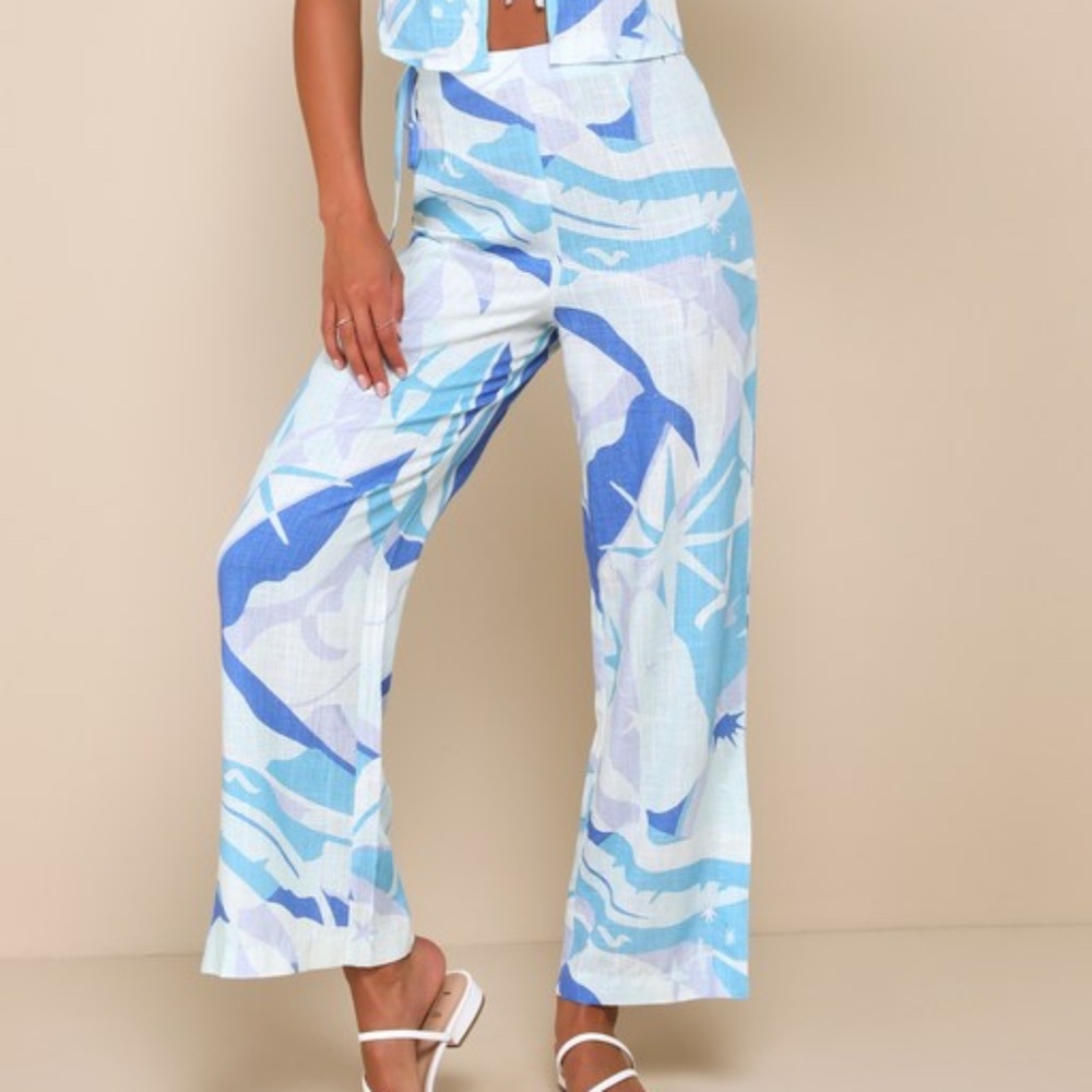 Lulus Wondrous Charm Blue Multi Print Linen Split Hem Pants - Size S